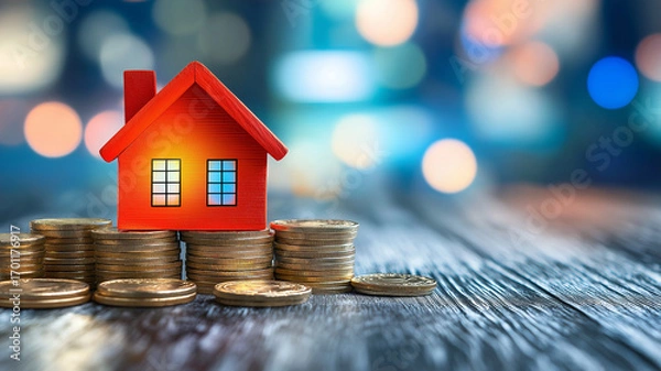 Fototapeta Small red house model sits atop stacks of gold coins, symbolizing real estate investment and financial growth, with blurred bokeh background adding sense of depth and focus