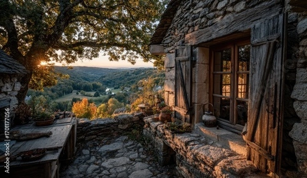 Fototapeta Rustic Cabin Overlook at Sunset
