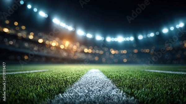 Fototapeta An empty football stadium glows at night, ready for the game to begin with bright lights illuminating the field of play magnificently.