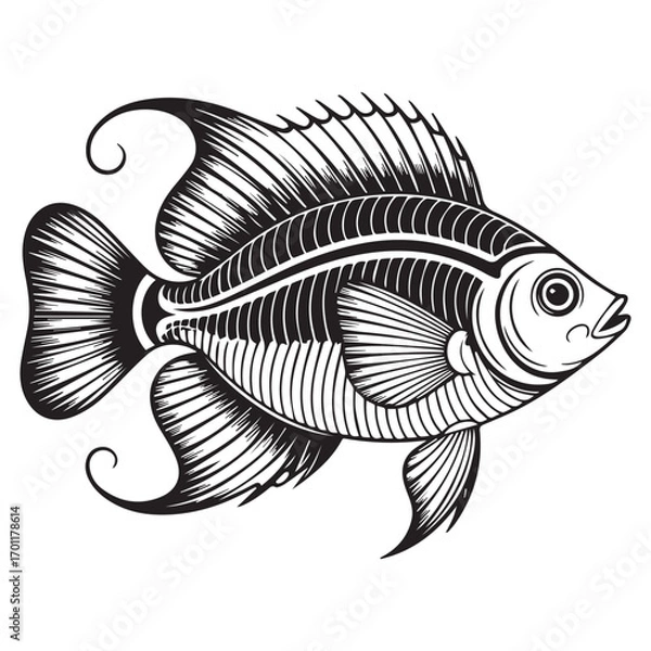 Obraz Tropical Fish Illustration – Bold Black and White Stylized Vector Art