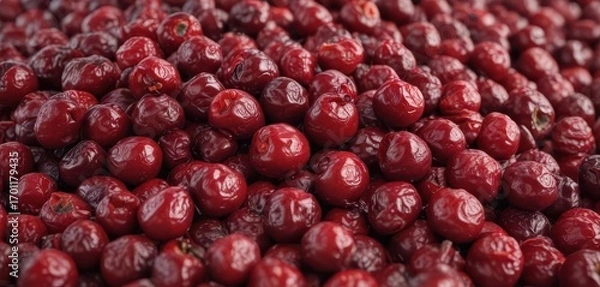 Fototapeta Wrinkled, deep red dried cranberries piled high ,  red,  background
