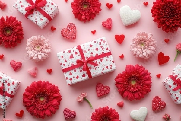 Obraz Pink and red Valentine's Day flatlay with gifts, flowers, and hearts