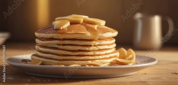 Fototapeta Golden stack of fluffy pancakes on warm plate, appetizing, plate