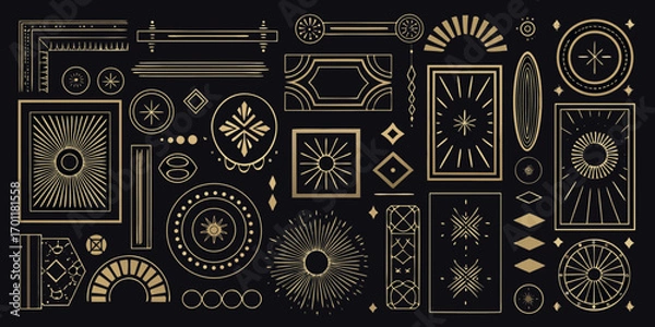Obraz Collection of art deco style geometric ornaments and decorative elements in gold on black background
