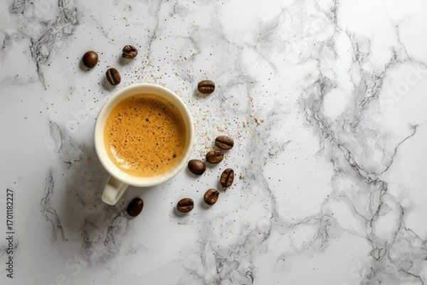 Obraz A single cup of espresso sits on a marbled surface, surrounded by coffee beans and grounds