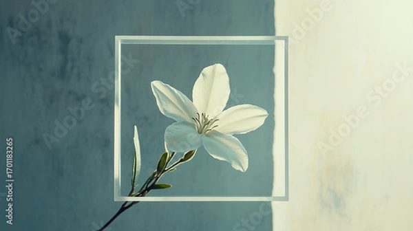Fototapeta A white flower with delicate petals placed inside a square geometric frame against a soft background. Ideal for artistic, decorative, and conceptual projects.