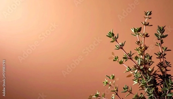 Fototapeta Thyme Sprig Against Warm Oatmilk Gradient Background