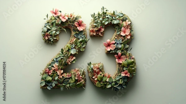 Fototapeta Floral 23 Numbers on Soft Background. Close-up of the number 23 formed from assorted flowers, ideal for spring marketing or floral-themed campaigns.