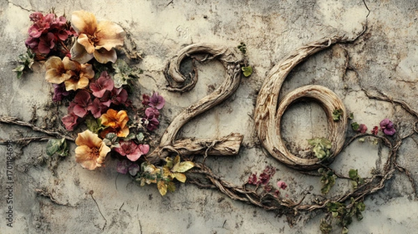 Fototapeta Roses surround number 26 on teal background. Decorative 26 numerals entwined with roses on teal backdrop, suitable for seasonal promotions and wedding-themed designs.