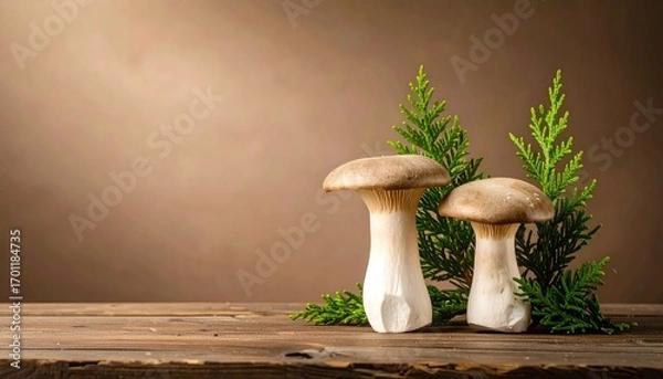 Fototapeta Two Mushrooms with Greenery on Wooden Surface