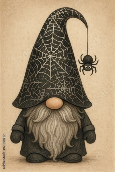 Obraz Cute Halloween gnome with spider web hat
