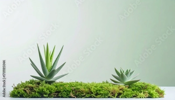 Fototapeta Two Succulents on Mossy Surface Against a Green Gradient Background