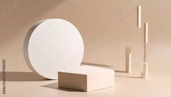 Fototapeta Abstract Beige and White Geometric Sculptures on Neutral Background