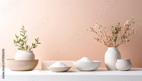 Fototapeta White Bowls of Salt Crystals with Greenery and Dried Flowers on a Shelf