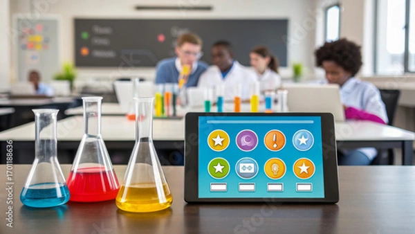 Obraz Educational gamification makes learning fun. Laboratory setting with beakers and students engaged in science activities.