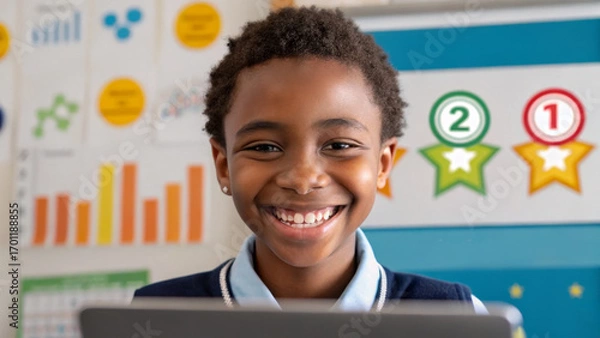 Obraz Educational gamification makes learning fun. Smiling child in a classroom setting, engaged with a laptop and educational materials.