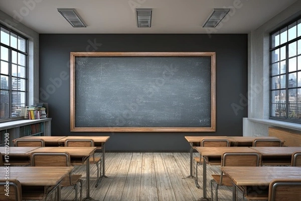 Fototapeta Empty classroom with chalkboard and desks
