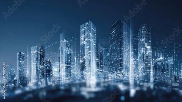 Fototapeta A futuristic cityscape glows with cool blue light highlighting modern skyscrapers and interconnected digital network architecture worldwide.