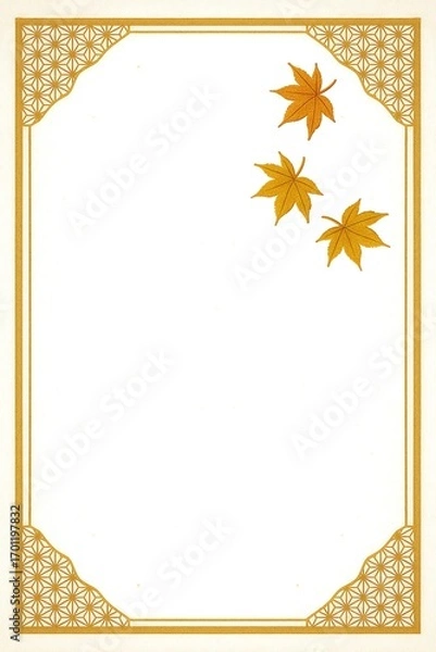 Obraz 和柄フレーム 秋の紅葉と伝統的な麻の葉文様