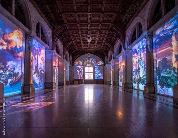 Fototapeta 古典建築×デジタルアートの融合　投影イベント空間高級感のある室内会場・展示・プロモに最適素材背景向け