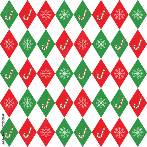 Fototapeta Seamless argyle pattern with white snowflakes and candy canes.Colorful harlequin repeat pattern in green and red for Christmas.Winter vector graphic background for textile and prints.