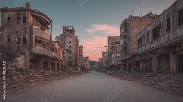 Fototapeta A desolate street shows the catastrophic devastation of war torn buildings under a fading sky, depicting the ruins left after conflict.