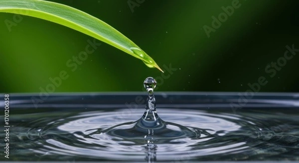 Fototapeta Captivating Water Drop Impact: Leaf, Ripple, and Perfect Reflection.