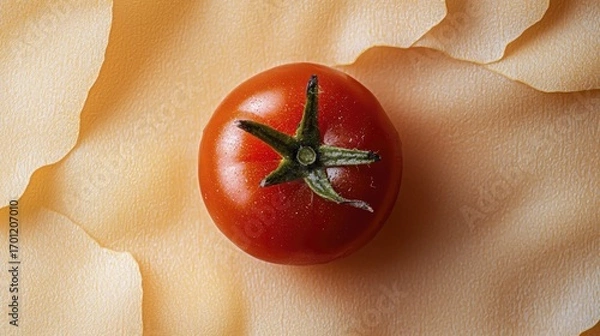 Fototapeta A vibrant red tomato rests on a bed of delicate, textured pasta sheets.