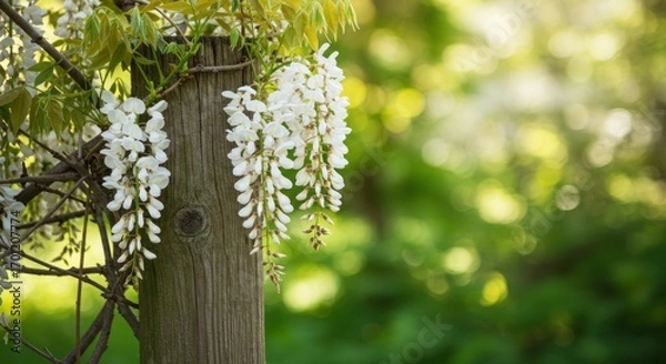 Fototapeta Cascading White Wisteria Blooms on Rustic Wooden Post, Soft Bokeh Background