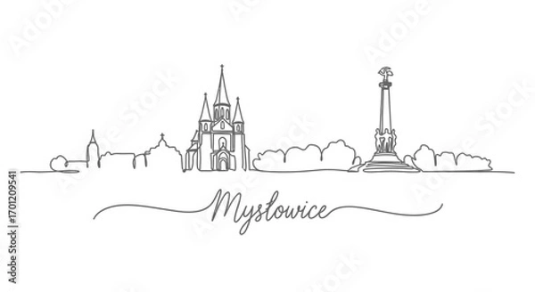Fototapeta Myslowice line art skyline with Poland, and cityscape.