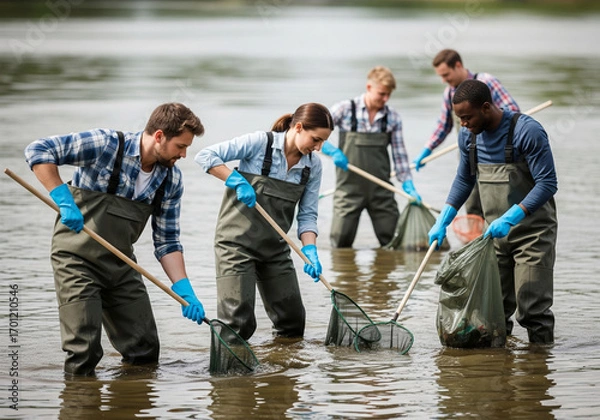 Fototapeta Diverse group of dedicated volunteers in waders working together to clean a river with nets for environmental conservation