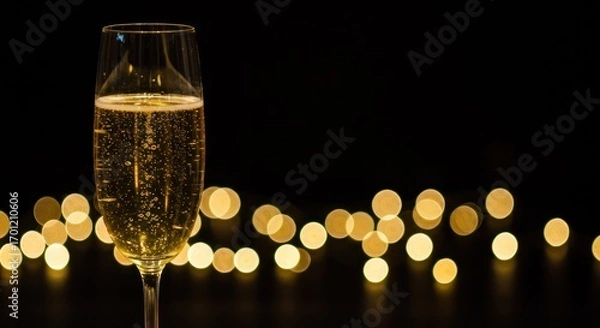 Fototapeta Champagne Flute with Bubbles and Bokeh Lights on Black Background