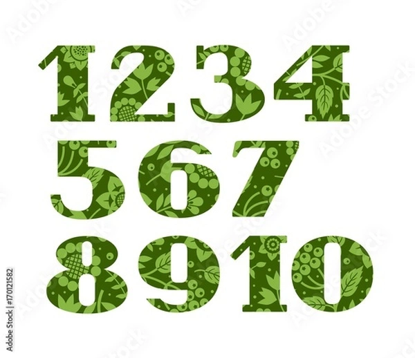 Fototapeta Numbers, green berries and grass, vector. Figures with serifs. Green twigs with berries and herbs on a dark green background. 