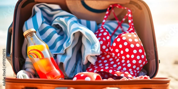 Fototapeta Close up view of a suitcase filled with summer clothing items a bottle of rainbow juice and an polkadot red and white bikini top. Bright sunlight emphasizes a vacation theme