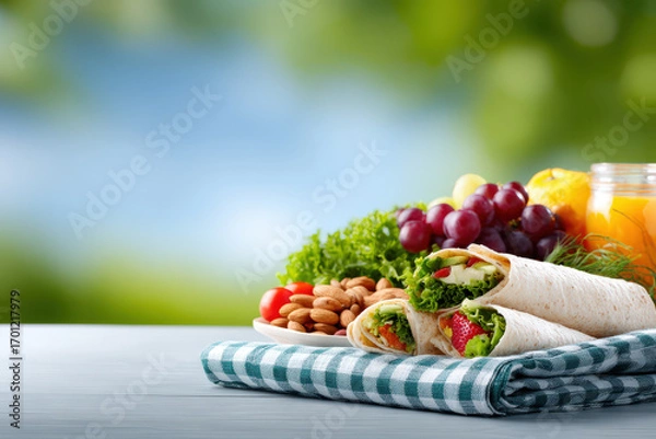 Fototapeta healthy diet menu featuring lowcalorie snacks for picnic arranged harmoniously on clean background