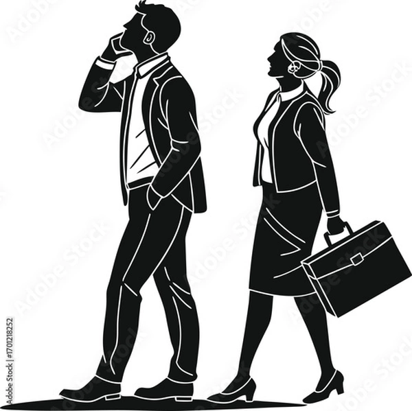 Fototapeta Vector illustrations of business people silhouettes walking with a briefcase