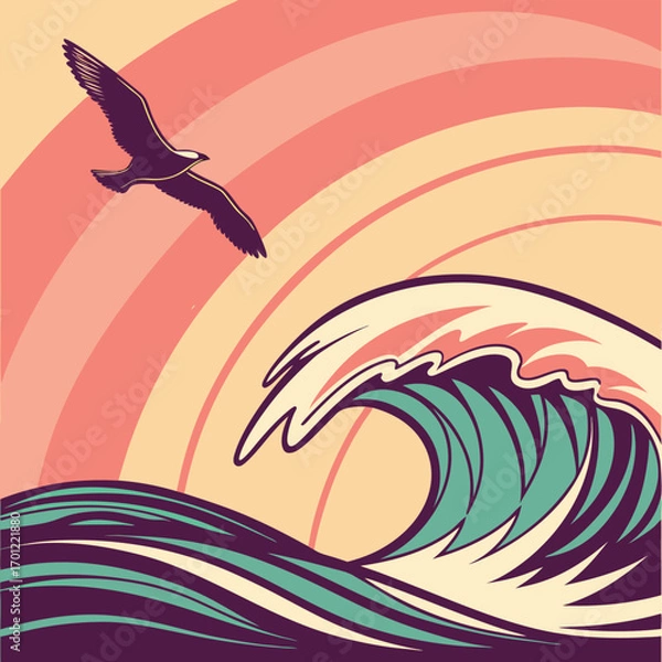 Fototapeta Abstract vector illustration of a dolphin logo design with ocean waves, a perfect summer symbol of sea animal nature