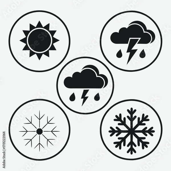 Fototapeta A colorful weather icon set with comic-style speech bubble elements and a heart symbol