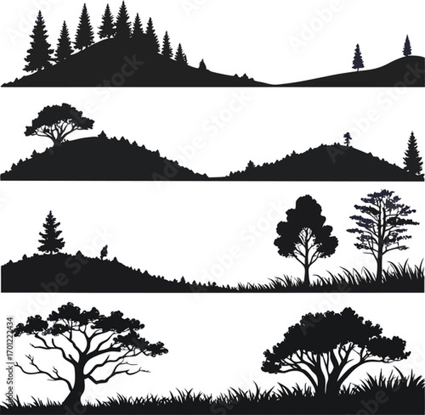 Fototapeta A collection of detailed vector trees and silhouettes for various landscape design and nature illustrations
