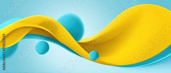 Fototapeta An abstract yellow ribbon flows dynamically with turquoise spheres against a gradient cyan background creating a visually compelling composition.