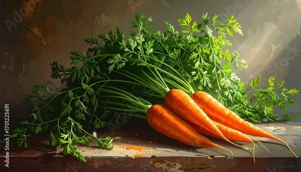 Fototapeta A still life painting displays a cluster of fresh carrots with vibrant green leaves, bathed in warm sunlight, resting on a rustic wooden surface.