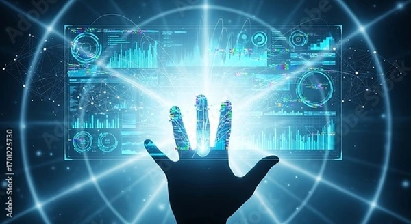 Fototapeta Silhouette of hand reaching towards a bright glowing futuristic digital interface with data and charts