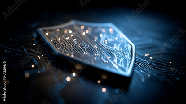 Fototapeta Cybersecurity shield resting on circuitry to represent digital protection and network defense, communicating resilience, reliability, and trust in information security.
