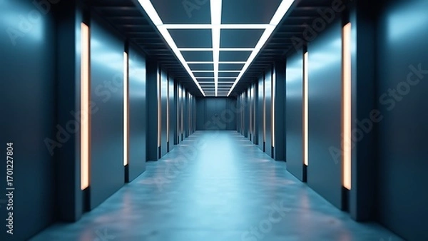 Fototapeta Sleek modern architectural corridor with geometric glowing light accents, creating a futuristic tunnel aesthetic in a dark, empty interior space, evoking advanced technology and abstract design