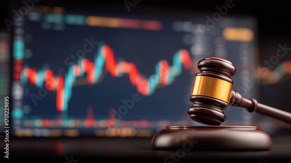 Fototapeta Judge gavel before a market chart representing financial regulation compliance investor protection and legal oversight of trading activity.
