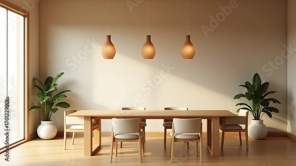 Fototapeta Serene minimalist dining room interior with a long wooden table, bathed in warm natural sunlight from a large window