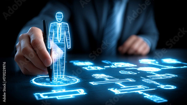 Fototapeta Executive drawing a digital human avatar on an interface representing talent acquisition personalization and strategic human resources analytics and planning.
