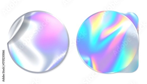 Fototapeta Two circular holographic stickers with iridescent gradients showcase vibrant hues and a smooth, metallic effect.