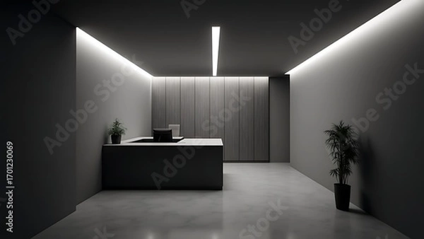 Fototapeta Sleek and minimalist office lobby with monochromatic grey tones, modern recessed linear lighting, and a contemporary reception desk