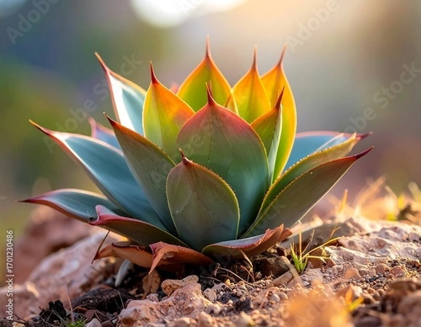 Fototapeta A vibrant agave plant, bathed in warm sunlight, displays a stunning array of colorful leaves against a rocky backdrop.